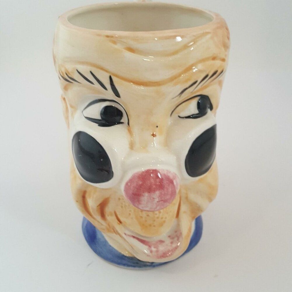 Vintage 60s Mug Clown Cup Multicolored 5" Tall Parrot Handle Japan
